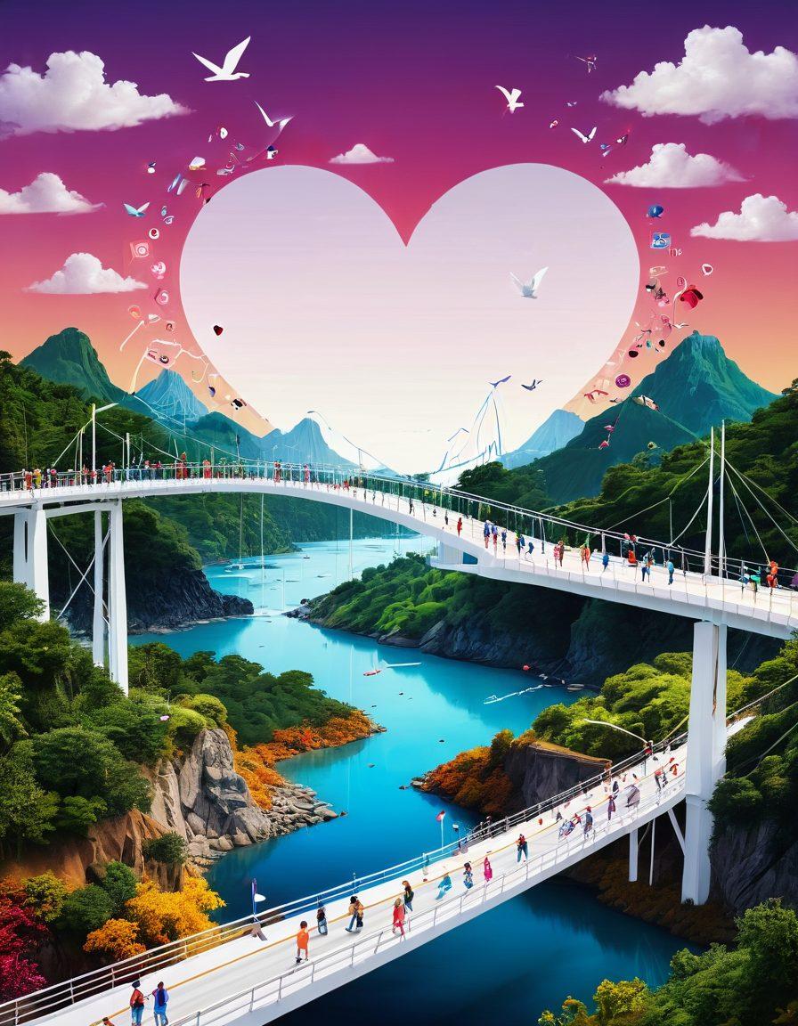 A digital landscape depicting a bridge made of social media icons connecting two vibrant islands of happy people engaging with technology, symbolizing the journey from clicks to meaningful connections. Bright colors showcasing joy and innovation, with elements like laptops, smartphones, and hearts, flowing connections above the bridge. super-realistic. vibrant colors. white background.