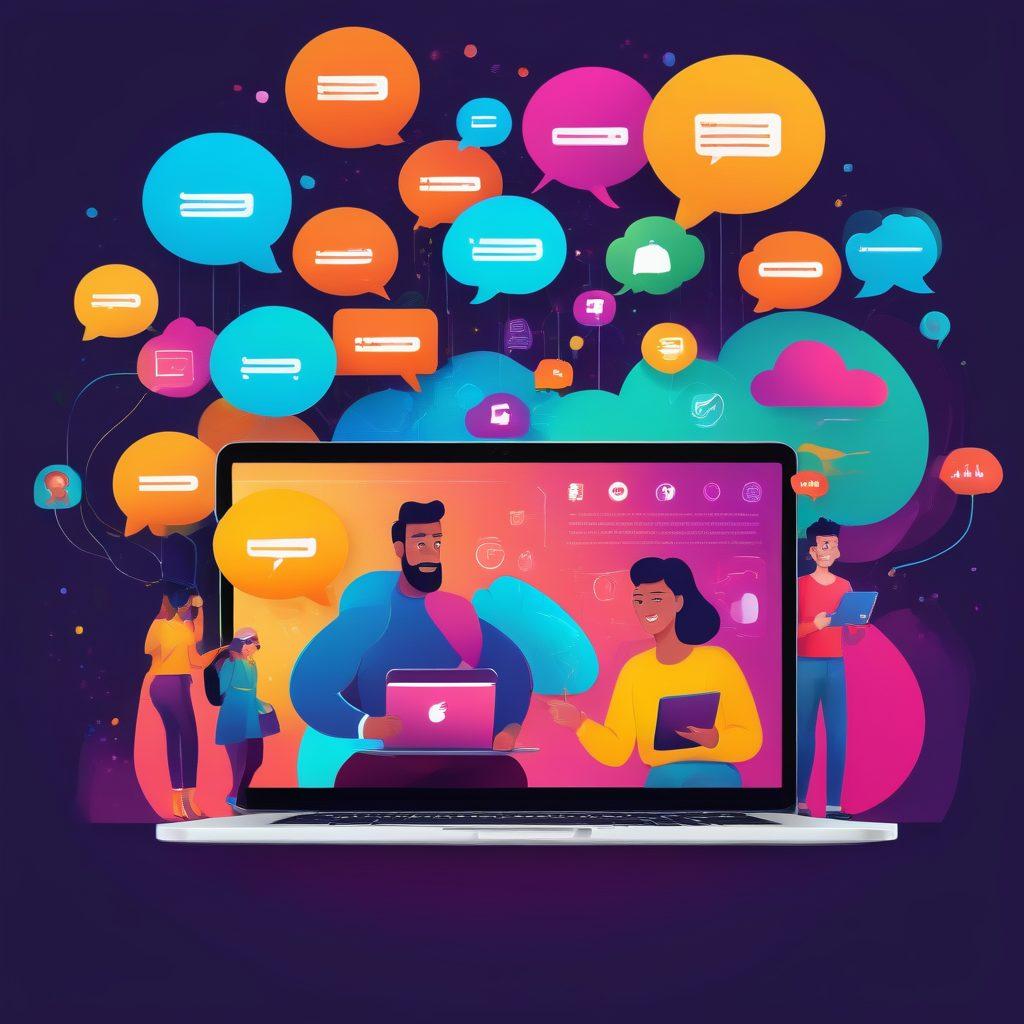 A vibrant scene depicting a diverse group of users interacting with a user-friendly website interface on various devices, showcasing joyful expressions and high engagement. Include elements like thumbs up, chat bubbles, and eye-catching graphs illustrating user analytics. Use bright colors to convey positivity and energy, with a modern and sleek design aesthetic. digital art. vibrant colors. minimalistic background.