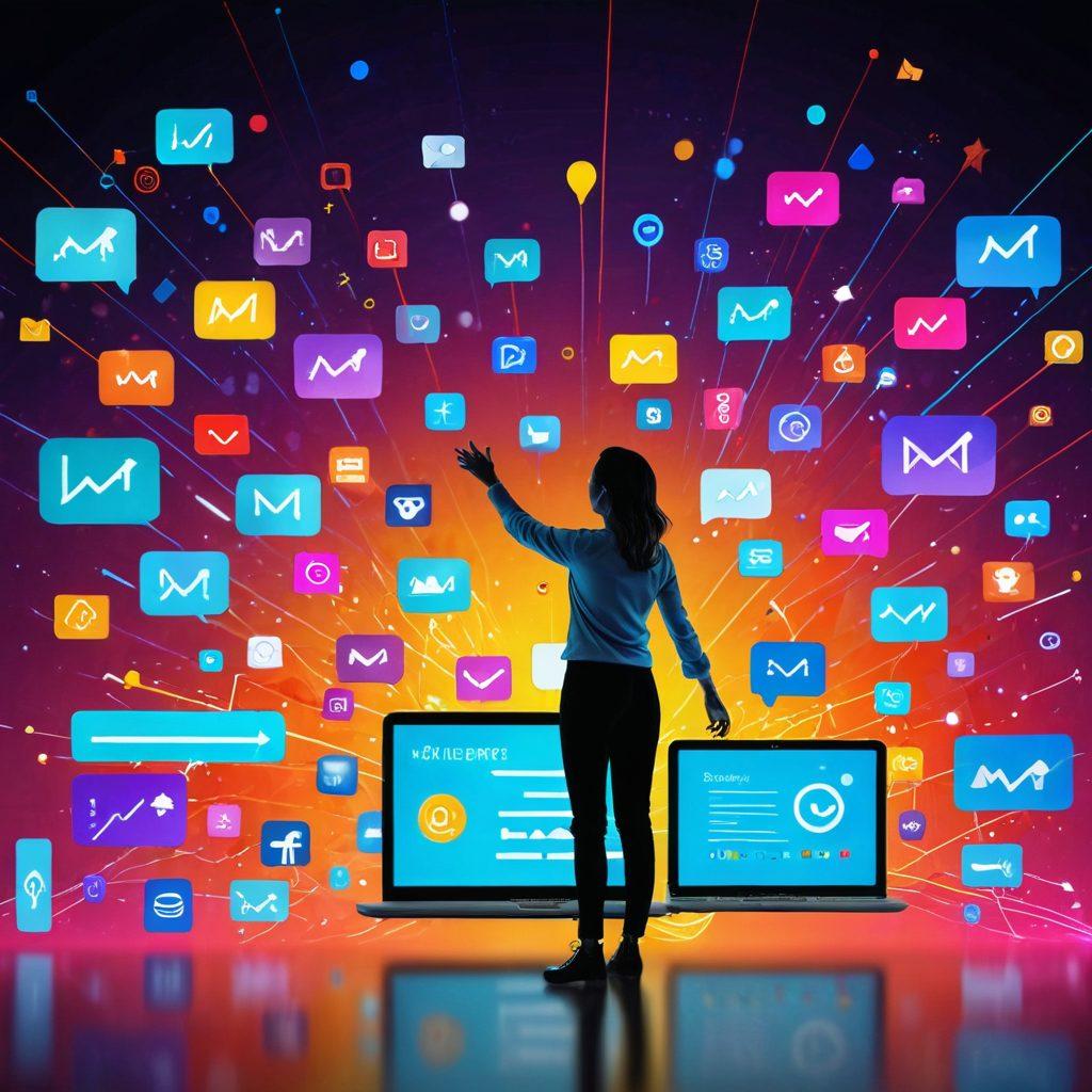 A vibrant, digital landscape with a person joyfully engaging with a glowing screen, surrounded by floating icons representing different forms of digital marketing like graphs, social media logos, and emails. The scene radiates a sense of happiness and excitement, symbolizing the connection between clicks and joy. Bright, energetic colors contribute to a lively atmosphere. super-realistic. vibrant colors. 3D.